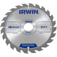Irwin silver circular saw blade, 184mm diameter, 30mm arbor, 24 teeth, ATB design, bold blue branding.
