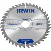 Silver Irwin circular saw blade, 184mm diameter, 40 teeth, with blue branding and construction label.