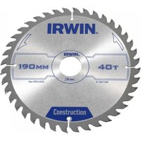 Silver Irwin circular saw blade, 190mm diameter, 40 teeth, ATB design, bold blue branding and construction label.