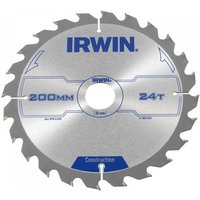 Irwin silver circular saw blade, 200mm diameter, 30mm arbor, 24 teeth, ATB design with blue branding.