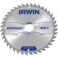 Silver Irwin circular saw blade, 200mm diameter, 40 teeth, ATB design, blue branding and text.