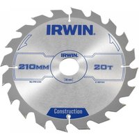 Irwin circular saw blade, silver with blue text, 210mm diameter, 20 teeth, ATB design, central hole for mounting.