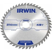 Silver Irwin saw blade, 216mm diameter, 48 teeth, blue branding, circular with central hole, labeled for construction.