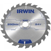 Silver Irwin saw blade, 250mm diameter, 30mm arbor, 24 teeth, ATB design, blue branding text.