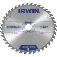 Silver Irwin table and mitre saw blade, 250mm diameter, 30mm arbor, 40 teeth, ATB design with blue branding.