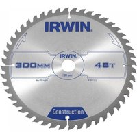 Silver Irwin table and mitre saw blade, 300mm diameter, 48 teeth, blue branding, circular design with sharp edges