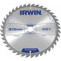 Silver Irwin table and mitre saw blade, 315mm diameter, 40 teeth, blue branding, circular with sharp edges.