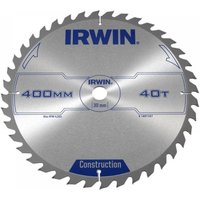 Silver Irwin table and mitre saw blade, 400mm diameter, 40 teeth, with blue branding and construction label.