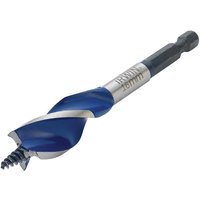 Blue and silver Irwin stubby wood bit with spiral groove and hex shank, 16 x 100mm size.