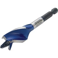 Irwin blue and silver stubby wood bit with hex shank and sharp cutting edges, 18 x 100mm size.