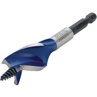 Blue and silver Irwin 1921993 stubby wood bit, 20x100mm, with a grooved spiral tip and hex shank.