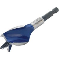 Blue and silver Irwin stubby wood bit, 25 x 100mm, with a threaded tip and grooved design for efficient drilling.