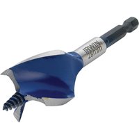Blue and silver Irwin stubby wood bit with a grooved design and hex shank, 28 x 100mm size.