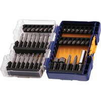 Irwin 40 Piece Mixed Screwdriver Bit Set in blue plastic case with clear lid, featuring various sizes and types of bits.