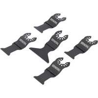 Set of five black Irwin oscillating multi-tool blades with various shapes and teeth patterns.