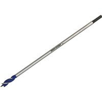 Irwin 6X Blue Groove extra long wood drill bit with silver shaft and distinctive blue spiral tip.