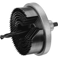 Irwin 7 Piece Holesaw Set with black circular saw blades stacked on a silver arbor with a central drill bit.