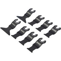 Black Irwin 8 Piece OIS Oscillating Multi Tool Blades Set with various blade shapes and serrated edges.