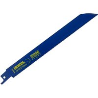 Blue Irwin 818R reciprocating saw blade for metal, featuring yellow branding and a toothed edge.