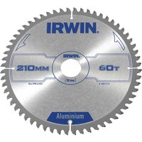 Silver Irwin aluminium saw blade with 60 teeth, 210mm diameter, and blue branding.