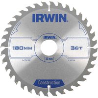 "Irwin ATB Construction Circular Saw Blade, silver with blue text, 180mm diameter, 36 teeth, central hole"