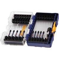 Irwin Impact Pro Performance 32 Piece Screwdriver Bit Set in blue case with clear lid and black bit holders.