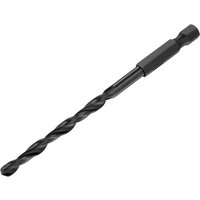 Black Irwin HSS drill bit with hex shank, 5.0mm diameter, featuring a twisted design for precision drilling.