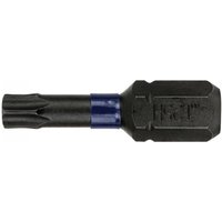 Black Irwin Impact Pro Performance Tx25 screwdriver bit with blue band, 25mm length, hexagonal base, pack of 2.