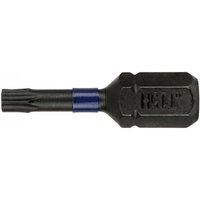Black Irwin Tx15 impact screwdriver bit with hex shank and blue band, 25mm length, pack of 2.