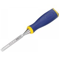 Blue-handled Irwin Marples chisel with yellow accents and 10mm steel blade.