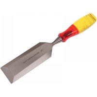 Bevel edge chisel with wide steel blade and yellow-red splitproof handle, 50mm size by IRWIN® Marples®.