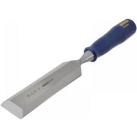 Bevel edge chisel with a sharp steel blade and blue handle, marked with "Irwin Marples" branding.