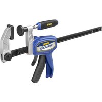 Blue and black Irwin Quick-Grip Hybrid Trigger Clamp with padded jaws and ergonomic handle on a metal bar.