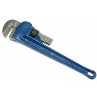 Blue Irwin Record T35012 12-inch adjustable pipe wrench with serrated jaws and a sturdy metal handle.