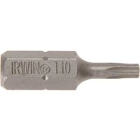 Irwin Torx screwdriver bit, silver with engraved branding and T10 size marking, hexagonal base, star-shaped tip.