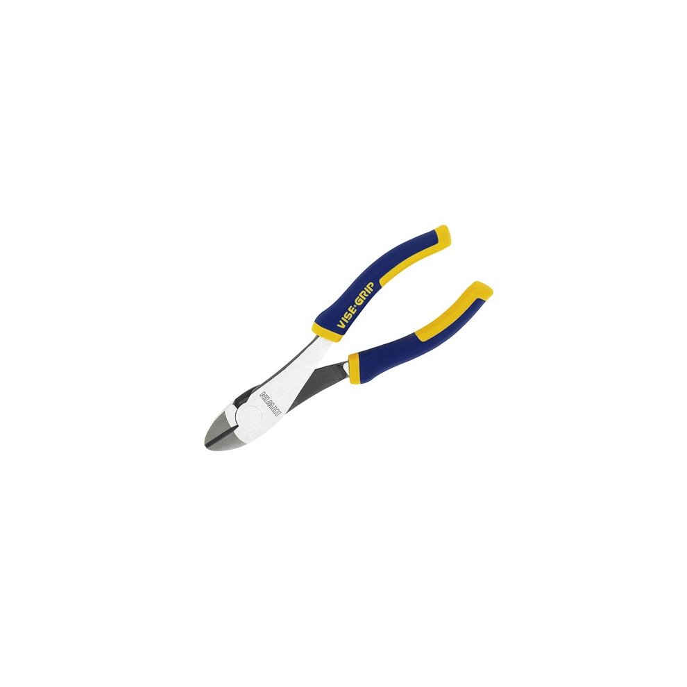 Diagonal cutter with a shiny steel head and blue rubber grips featuring yellow accents, measuring 200mm (8in) in length, designed for precision cutting.