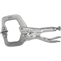 Silver Irwin locking C-clamp with swivel pads, 100mm opening, ergonomic grip, and adjustable screw tension.