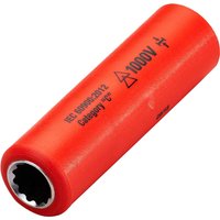 Red ITL insulated deep bi-hexagon socket, 1/2" drive, with voltage markings and hexagonal opening.