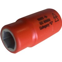 Red insulated hexagon socket with 1/2" drive, labeled with safety markings and black text by ITL.