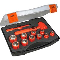 Black case with orange ITL 12-piece insulated bi-hexagon socket set, including sockets and a handle, in foam lining.