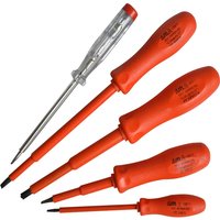 5-piece ITL insulated screwdriver set with red handles and clear circuit tester.