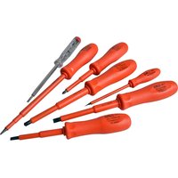 Orange ITL 7 Piece Insulated Screwdriver Set with ergonomic handles and various flathead and Phillips tips.