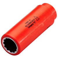Red ITL insulated deep socket, 1/2-inch drive, 16mm size, with black interior and printed safety markings.