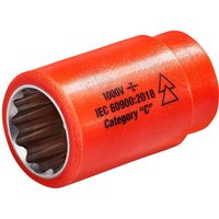 Red ITL insulated 1/2-inch drive socket, 19mm, with ribbed interior and safety markings on the side.