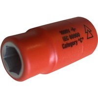 Red ITL insulated 1/2" drive socket, 6-point, 14mm, with safety markings and smooth finish.