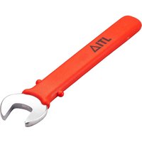 Red-handled ITL insulated open-ended spanner with silver metallic head and imperial size markings.