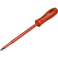 Red ITL insulated slim slotted screwdriver with ergonomic handle and narrow metal tip.