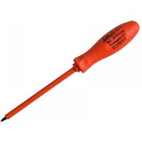 Red ITL Insulated screwdriver with Pozi No.0 tip, 75mm shaft, and ergonomic handle with product details printed.