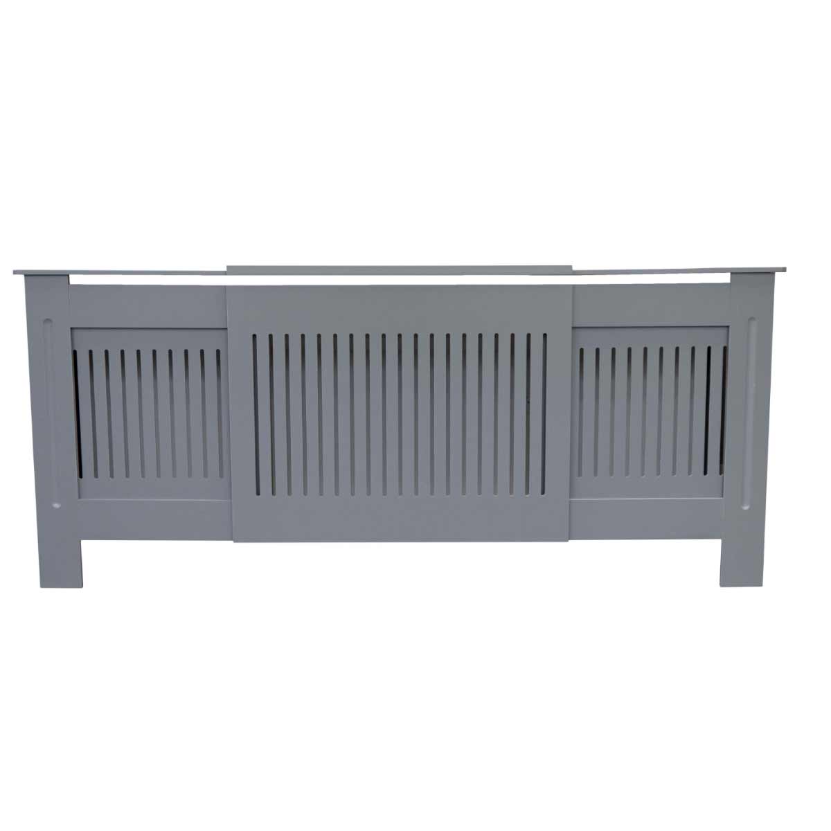 Grey vertical line radiator cover by Jack Stonehouse, featuring adjustable design, slatted front for ventilation, and a sleek, modern finish.