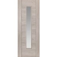 Light grey glazed laminate internal door with vertical glass panel, wood grain texture, size 35 x 1981 x 686 mm.